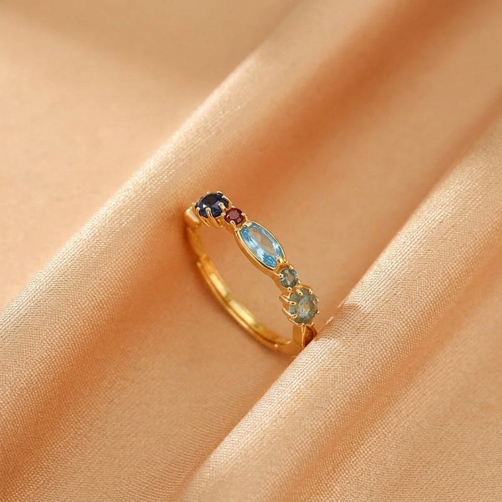 Bague Topaze, Lolite et Labradorite – Destin Paradisiaque, Argent Plaqué Or 10K