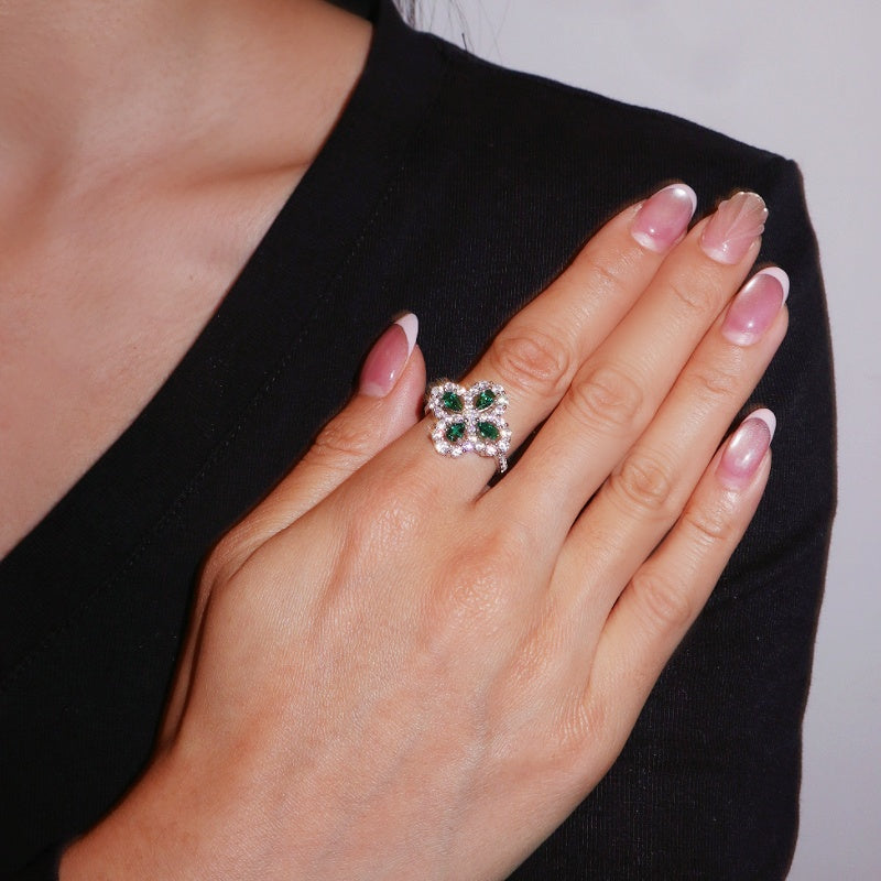 Bague Émeraude – Trèfle Scintillant, Argent 925