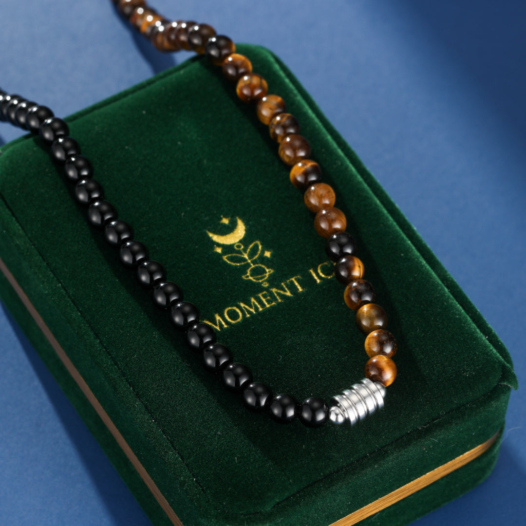 Collier Homme Œil de Tigre et Obsidienne – Fusion Mystique