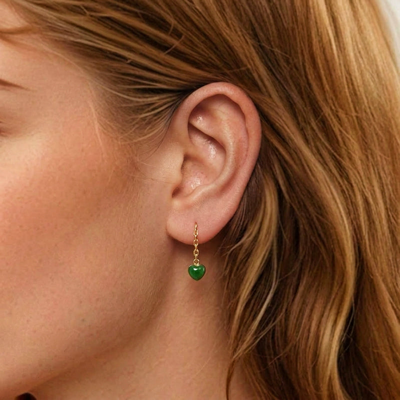 Boucles d'Oreilles Jade – Cœur de Sérénité, Argent Plaqué Or