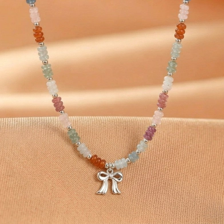 Collier Aventurine, Jade, Aigue-marine et Quartz Fraise – Nœud de Bonheur, Argent
