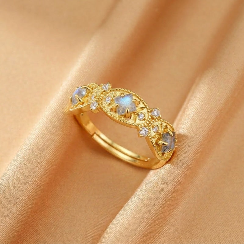 Bague Labradorite – Aura Lumineuse, Argent Plaqué Or