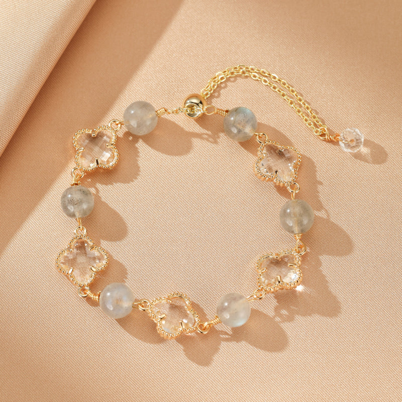 Bracelet Labradorite et Cristal de Roche – Trèfle Porte-Bonheur