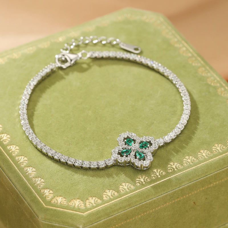 Bracelet Émeraude Trèfle – Chance Étincelante, Argent