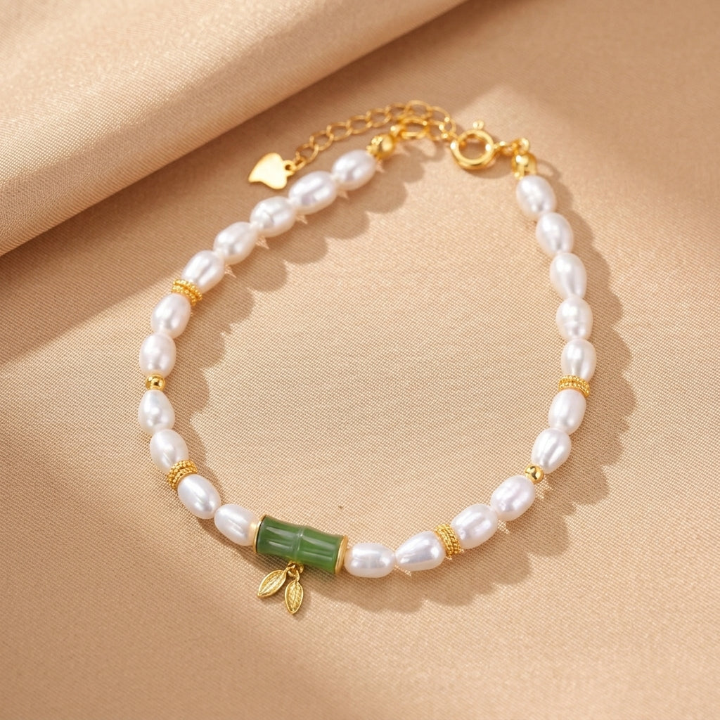 Bracelet Jade Néphrite et Perle – Rivage Lointain, Argent Plaqué Or