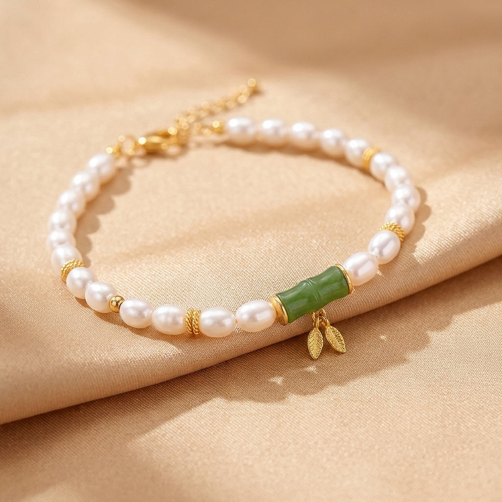 Bracelet Jade Néphrite et Perle – Rivage Lointain, Argent Plaqué Or