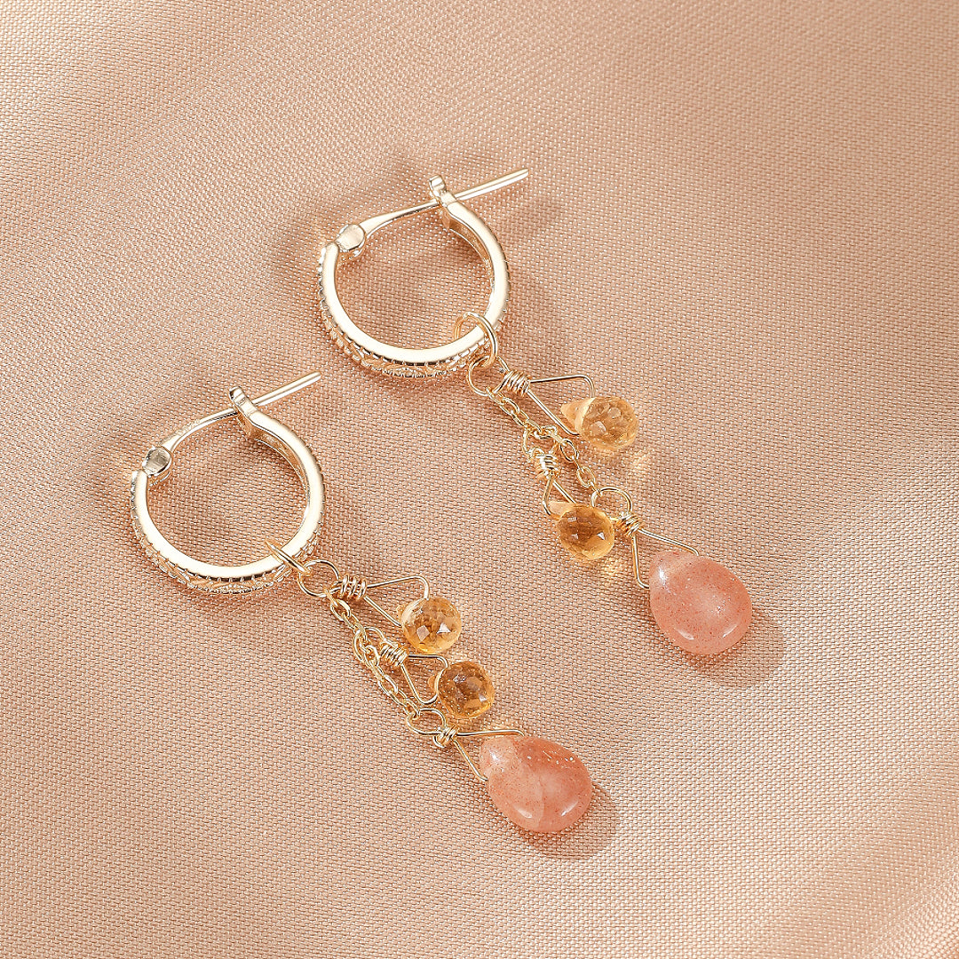 Boucles d'Oreilles Pierre de Soleil et Citrine – Rayons Bohèmes, Argent Plaqué Or