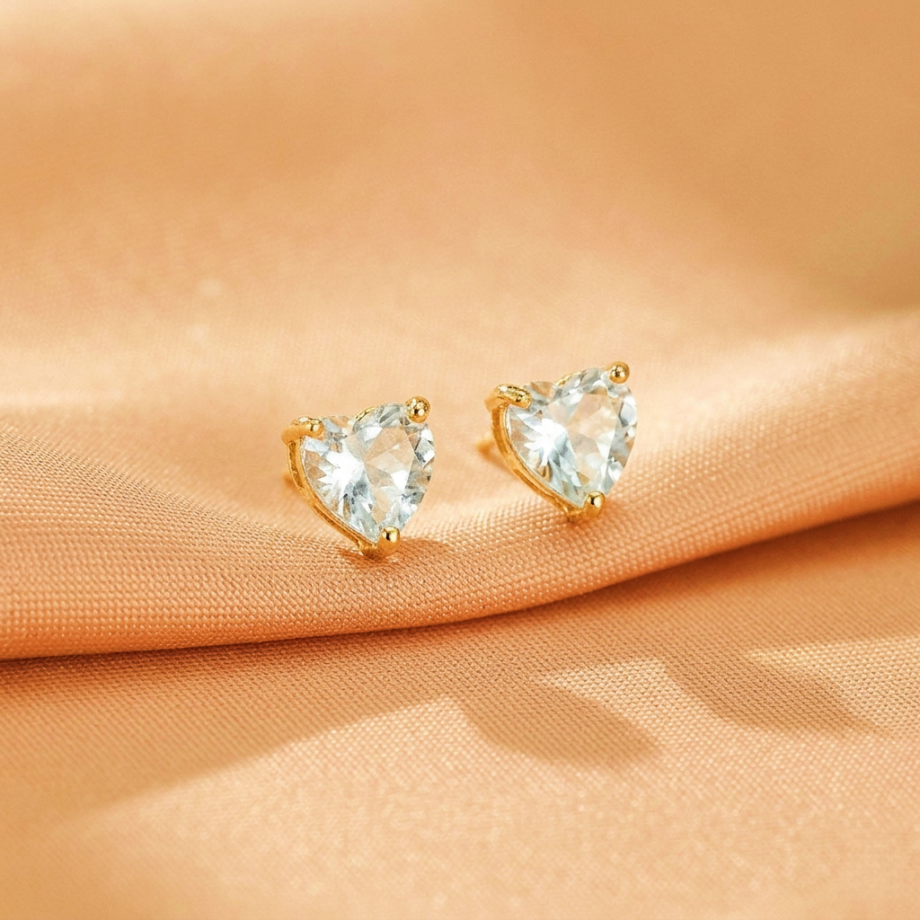 Clous d'oreille Aigue marine – Cœur Serein, Argent Plaqué Or