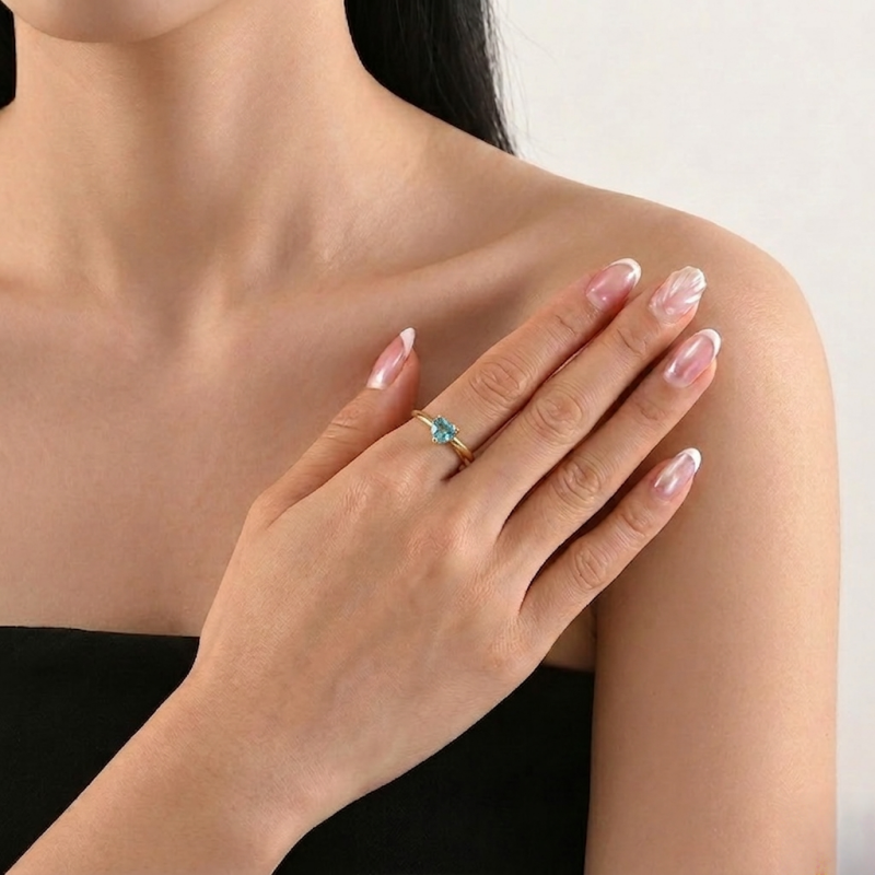 Bague Aigue marine – Cœur Céleste, Argent Plaqué Or