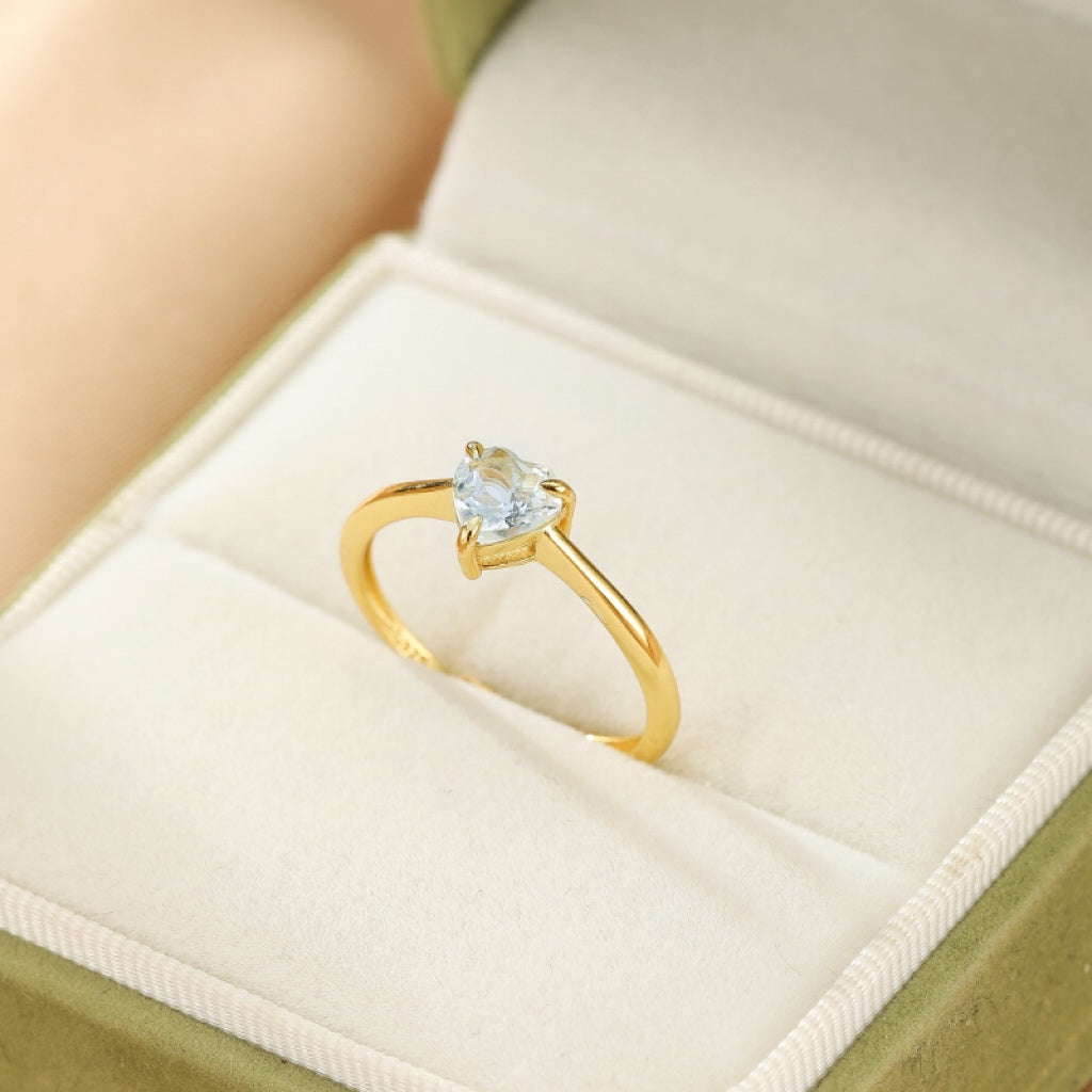 Bague Aigue marine – Cœur Céleste, Argent Plaqué Or