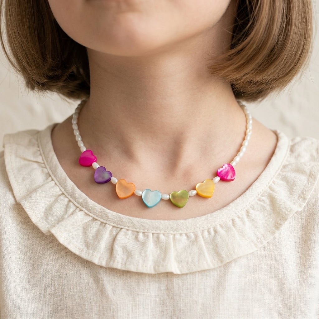 Collier Enfant Nacre – Cœurs Arc-en-Ciel