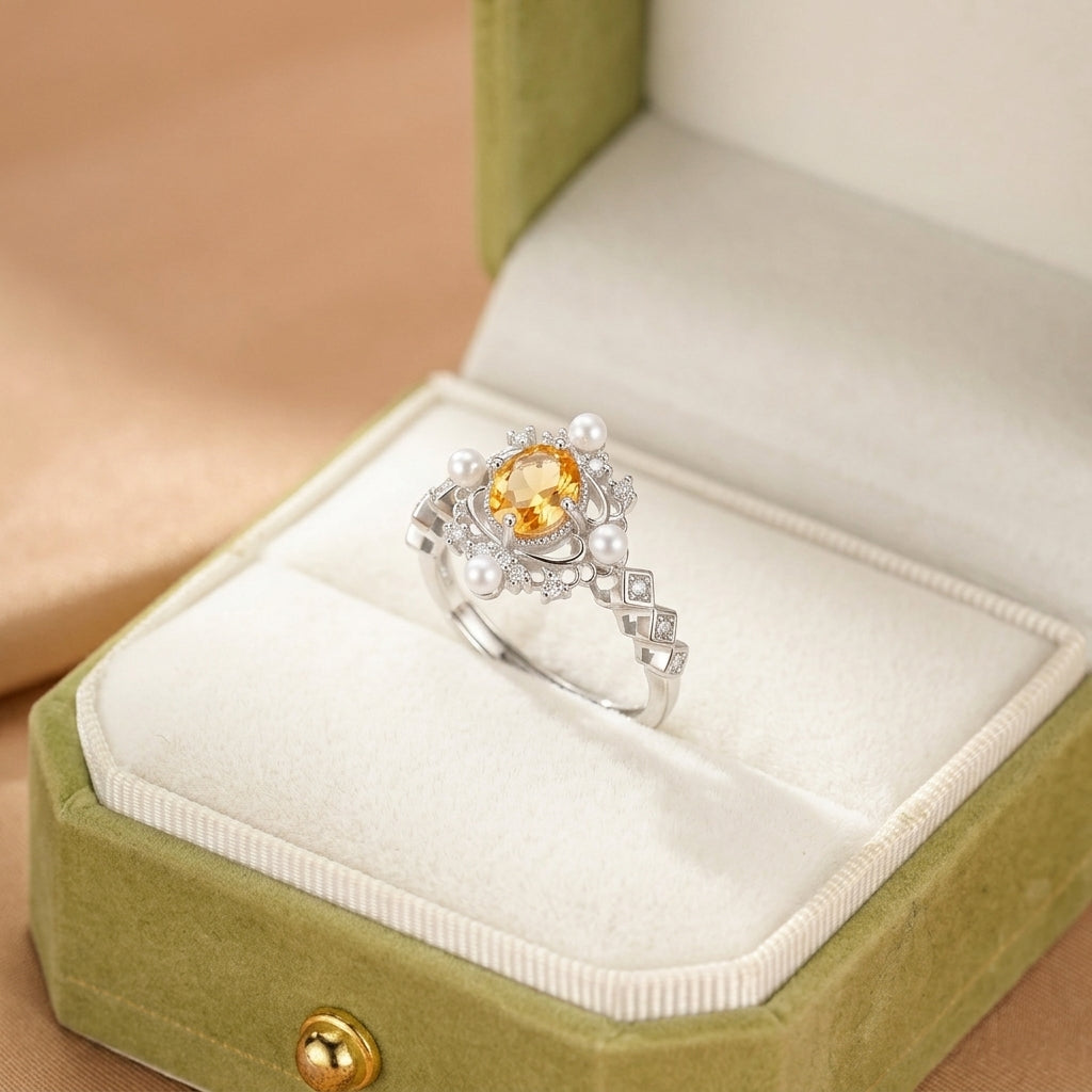 Bague Citrine et Perle – Splendeur Dorée, Argent
