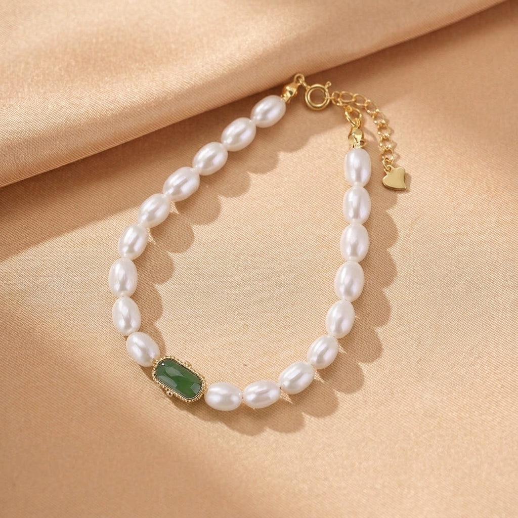 Bracelet Jade Néphrite et Perles – Montagne Secrète, Argent Plaqué Or