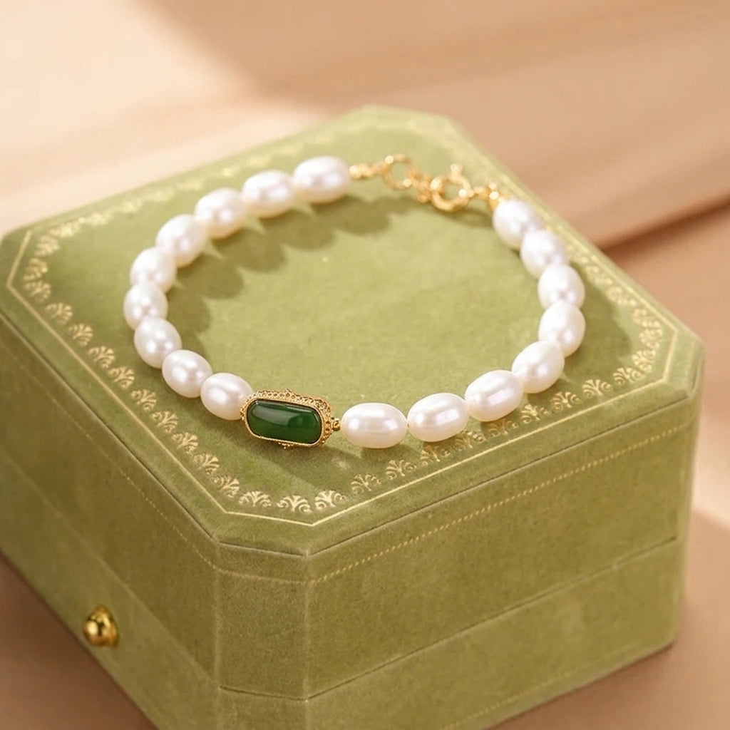 Bracelet Jade Néphrite et Perles – Montagne Secrète, Argent Plaqué Or