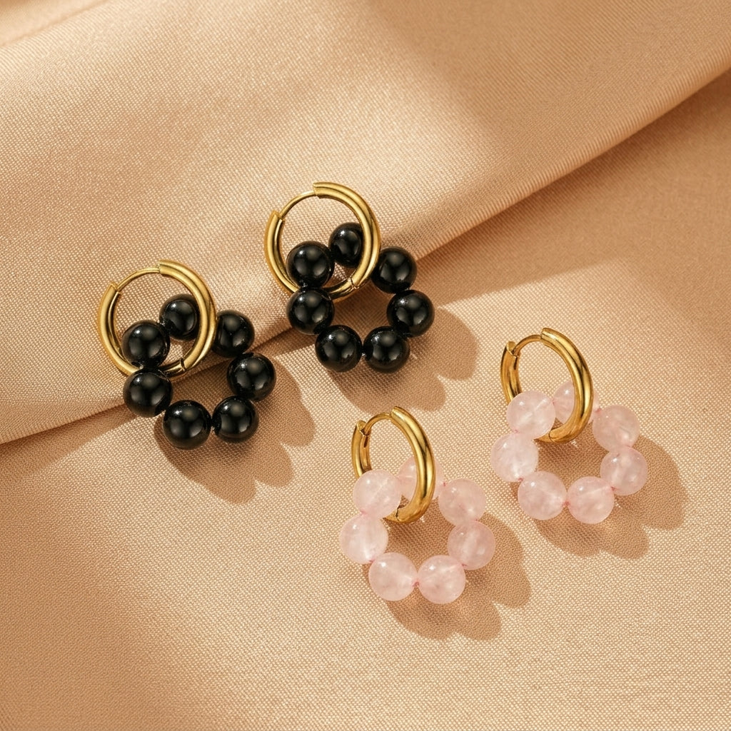 Boucles d'Oreilles Obsidienne et Quartz Rose – Éclat Serein