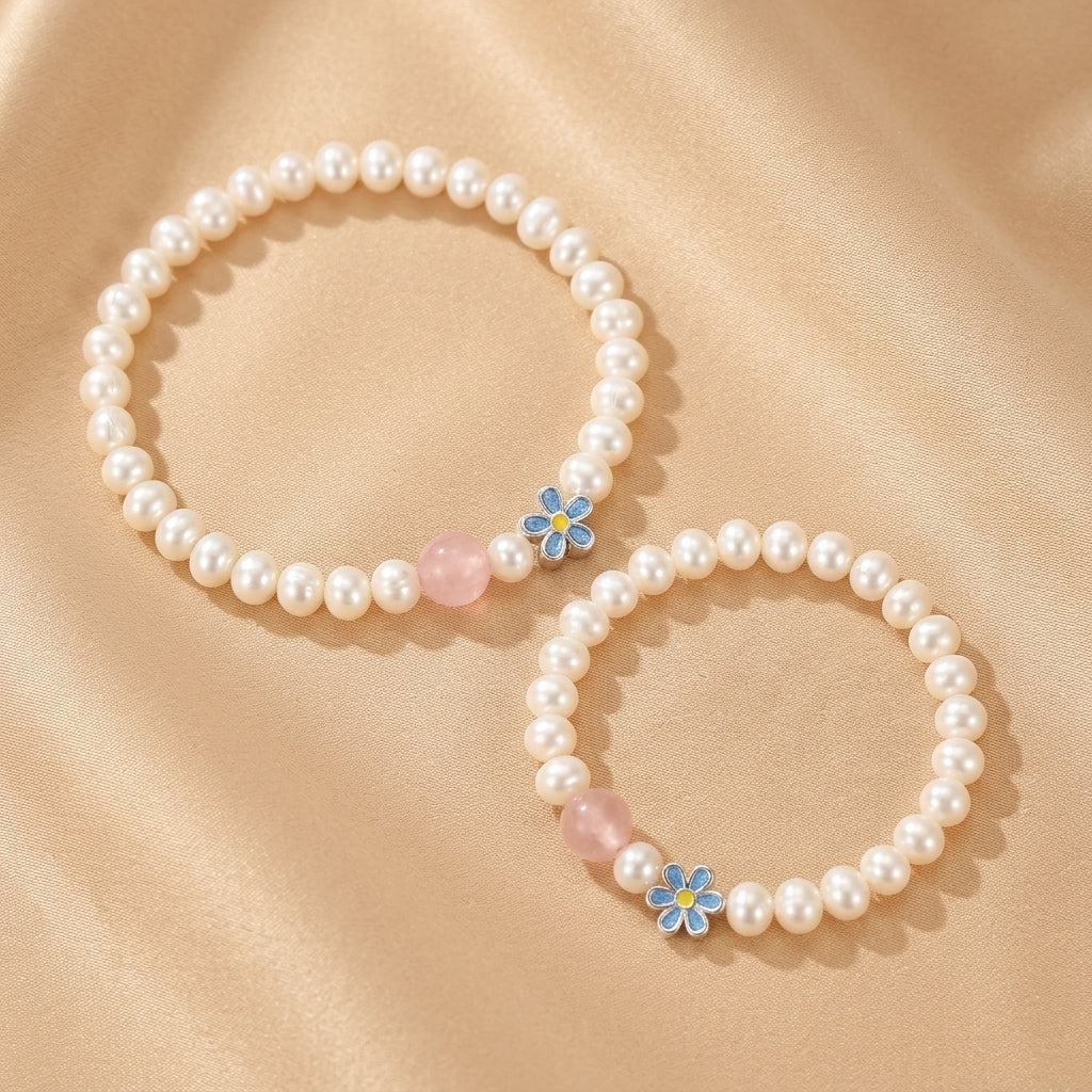 Bracelet Perle et Quartz Rose – Tendresse Fleurie, Argent Pur