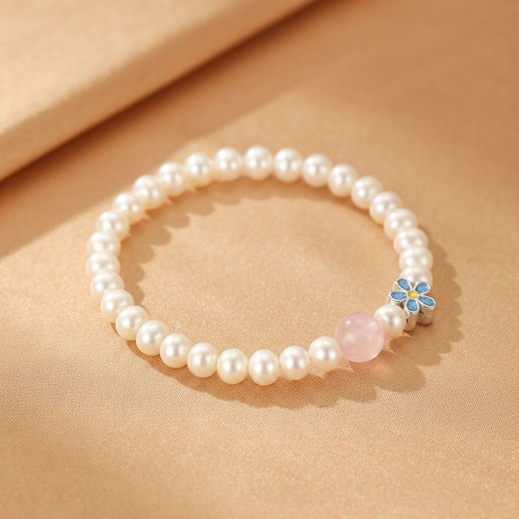 Bracelet Perle et Quartz Rose – Tendresse Fleurie, Argent Pur