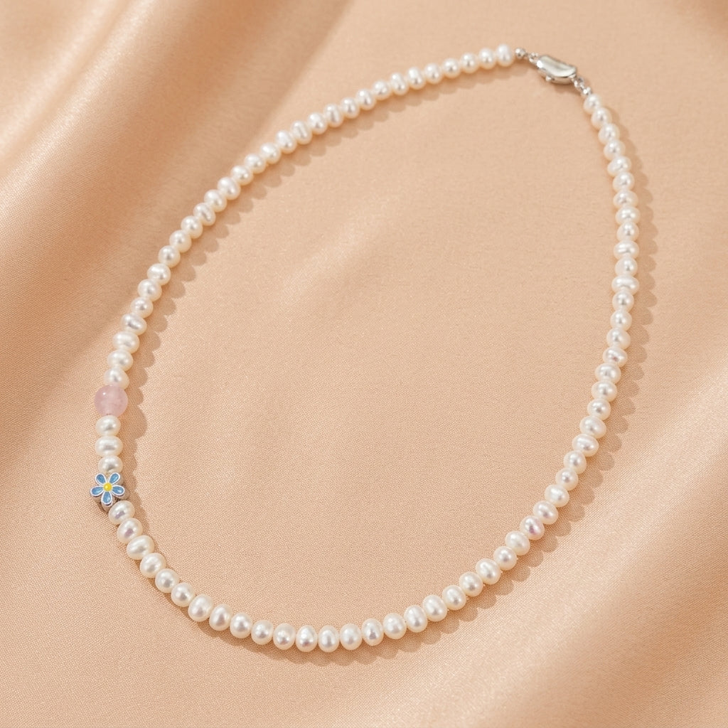 Collier Perle et Quartz Rose – Fleur de Tendresse, Argent