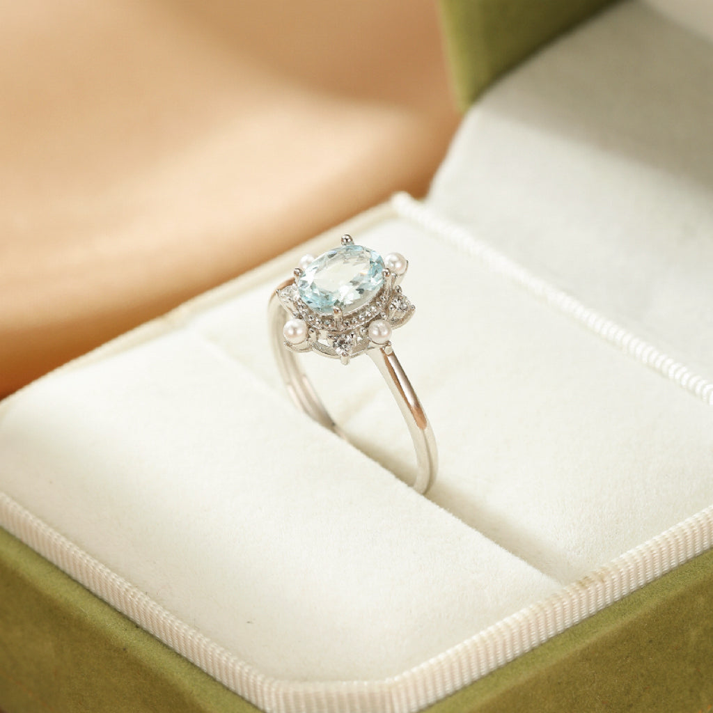 Aquamarine, Pearl and Zircon Ring – Sea Flower, 925 Silver