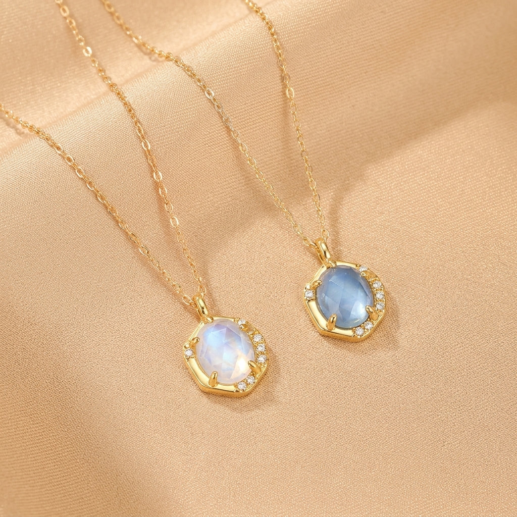 Collier Aigue marine et Pierre de Lune – Rêve Lunaire, Argent Plaqué Or 10K
