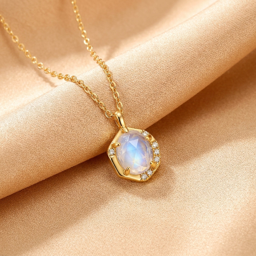 Collier Aigue marine et Pierre de Lune – Rêve Lunaire, Argent Plaqué Or 10K
