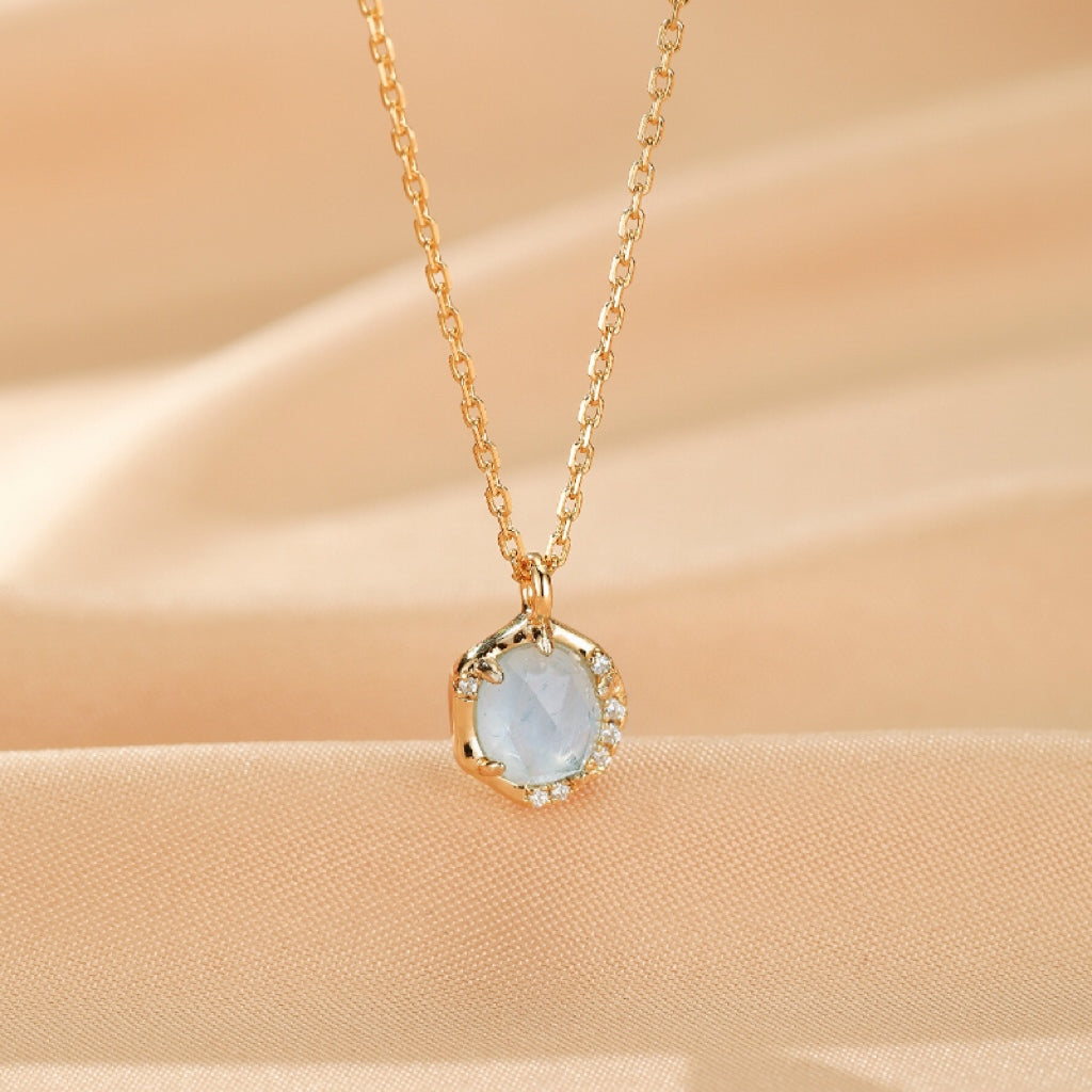 Collier Aigue marine et Pierre de Lune – Rêve Lunaire, Argent Plaqué Or 10K