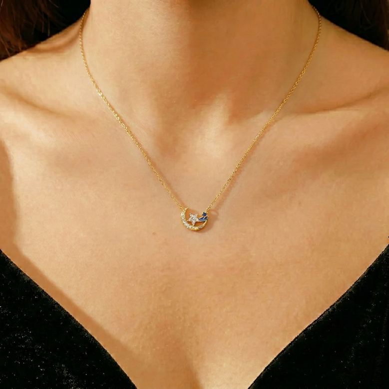 Collier Lune – Lueur Céleste, Argent Plaqué Or 16K