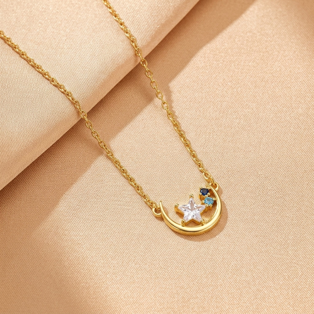 Collier Lune – Lueur Céleste, Argent Plaqué Or 16K