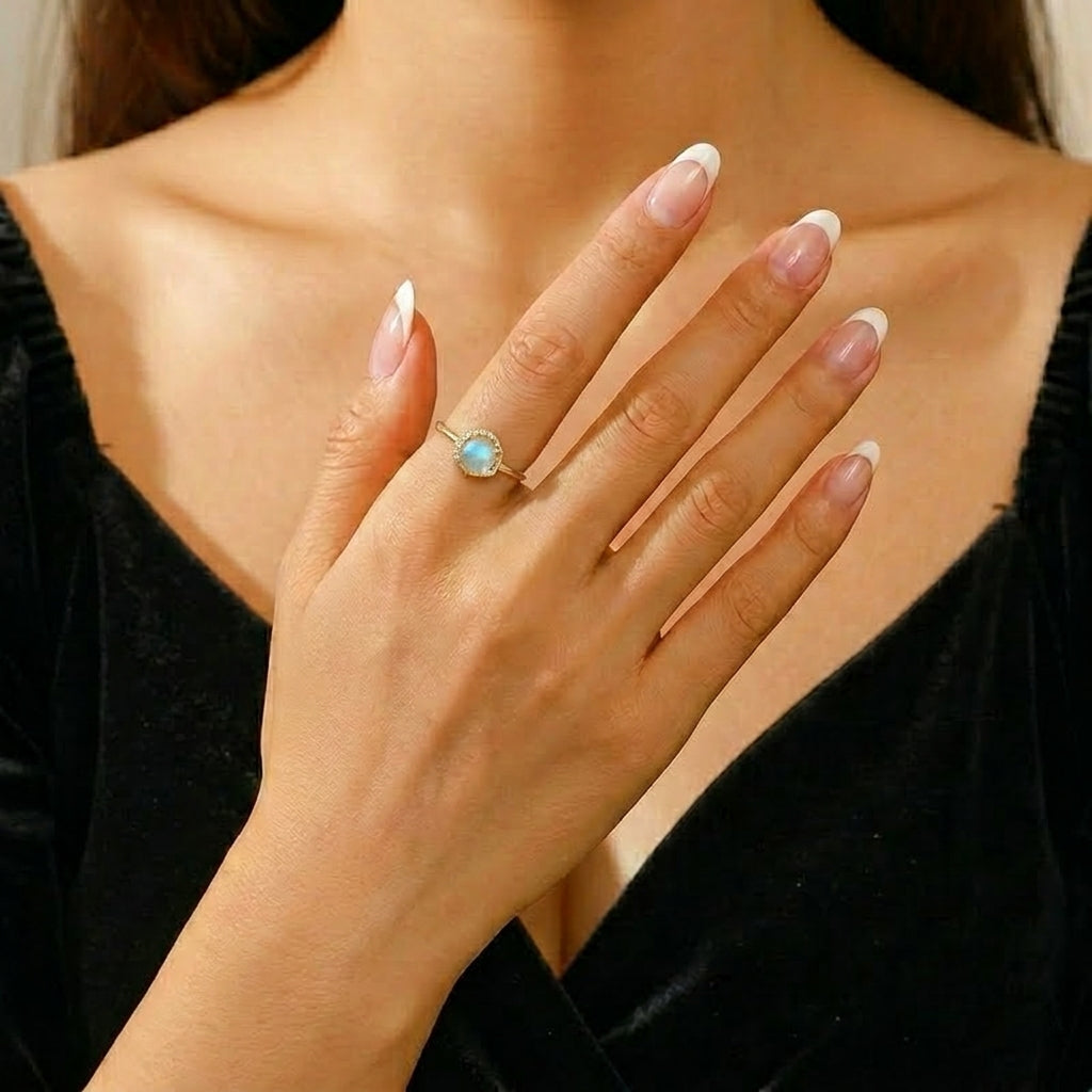 Bague Pierre de Lune – Douceur Nocturne, Argent Plaqué Or 10K