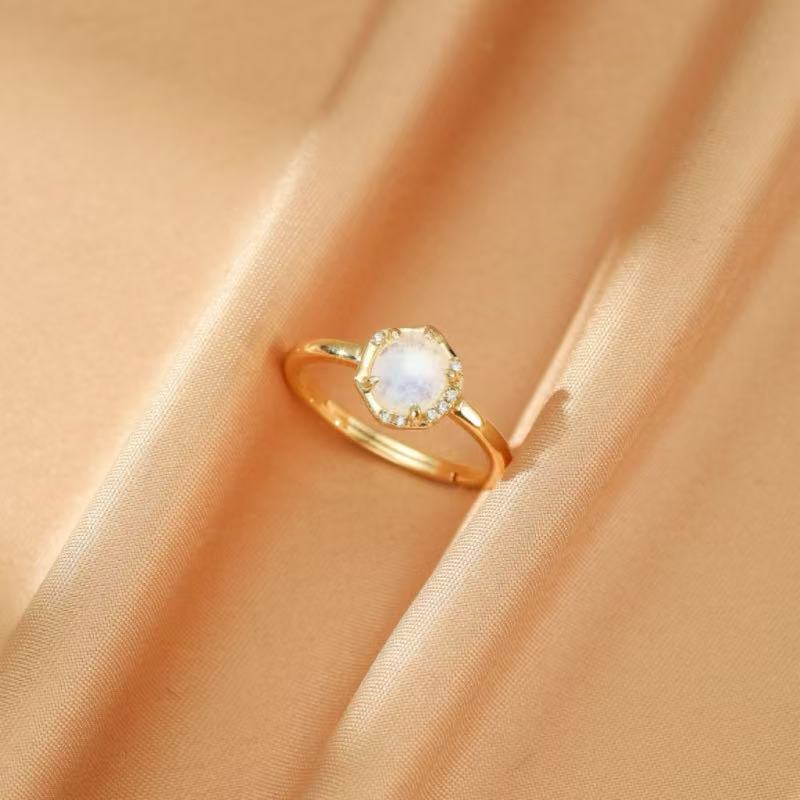 Bague Pierre de Lune – Douceur Nocturne, Argent Plaqué Or 10K