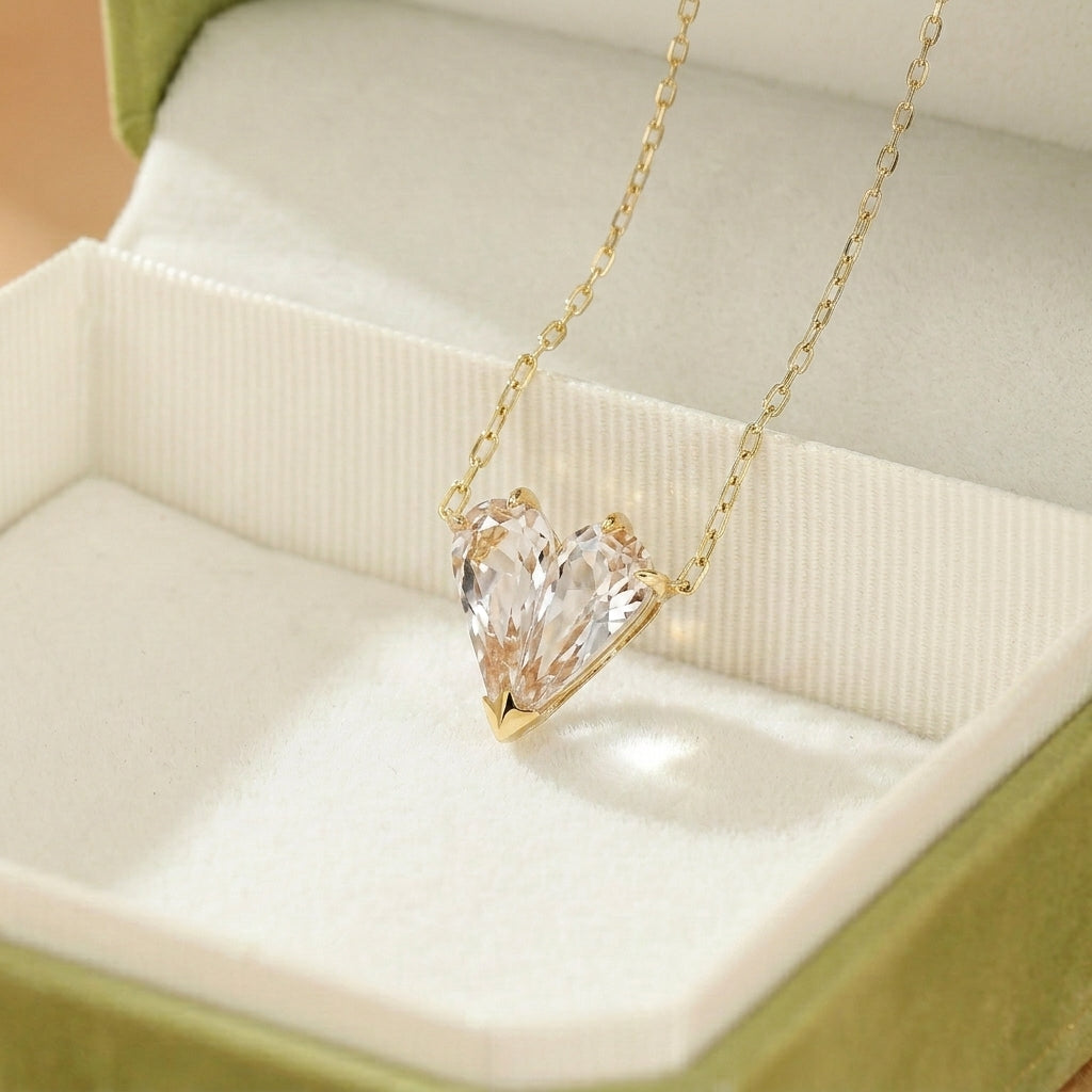 Collier Cristal de Roche – Cœur Cristallin, Argent Plaqué Or 18k