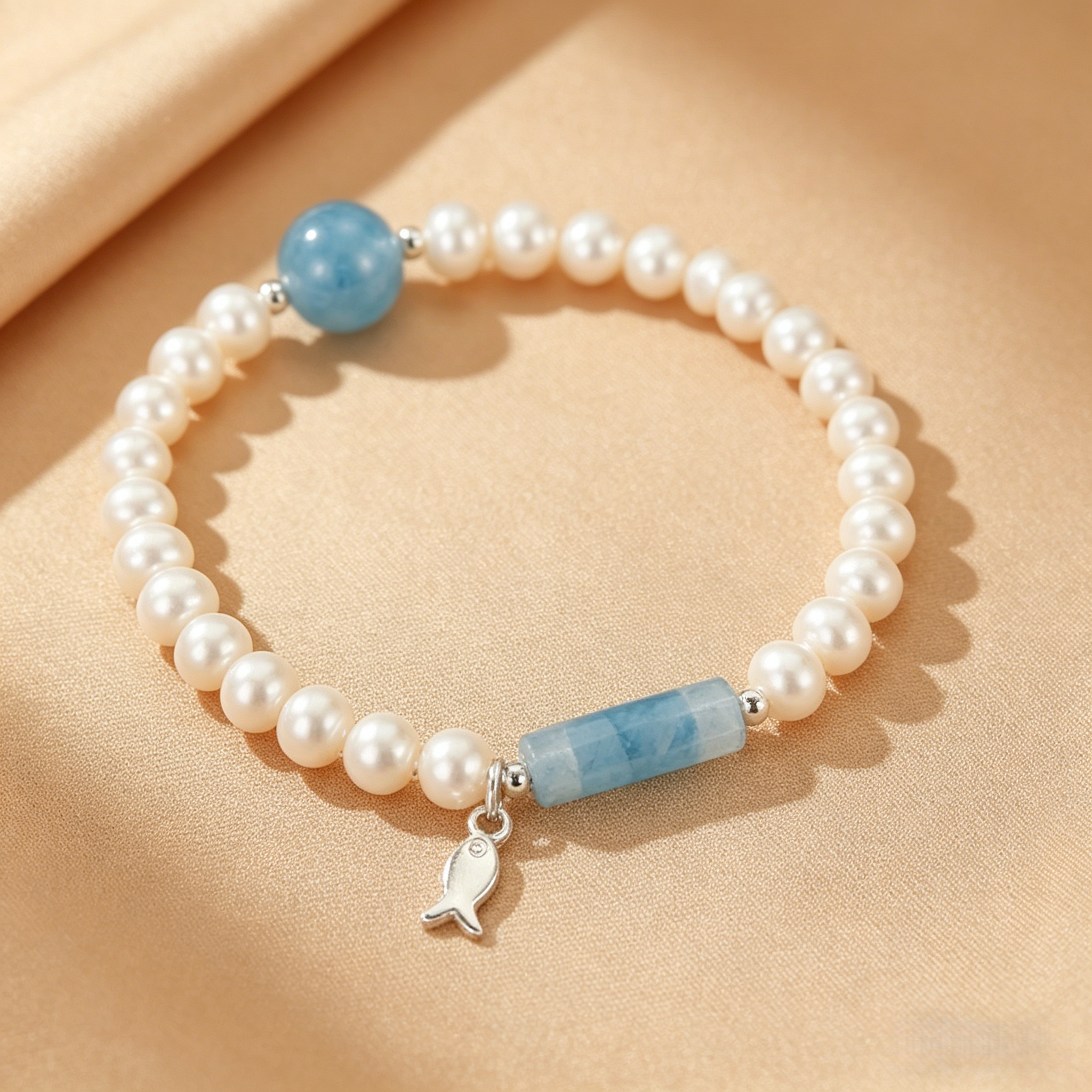 Bracelet Perle et Aigue-marine – Douce Harmonie, Argent