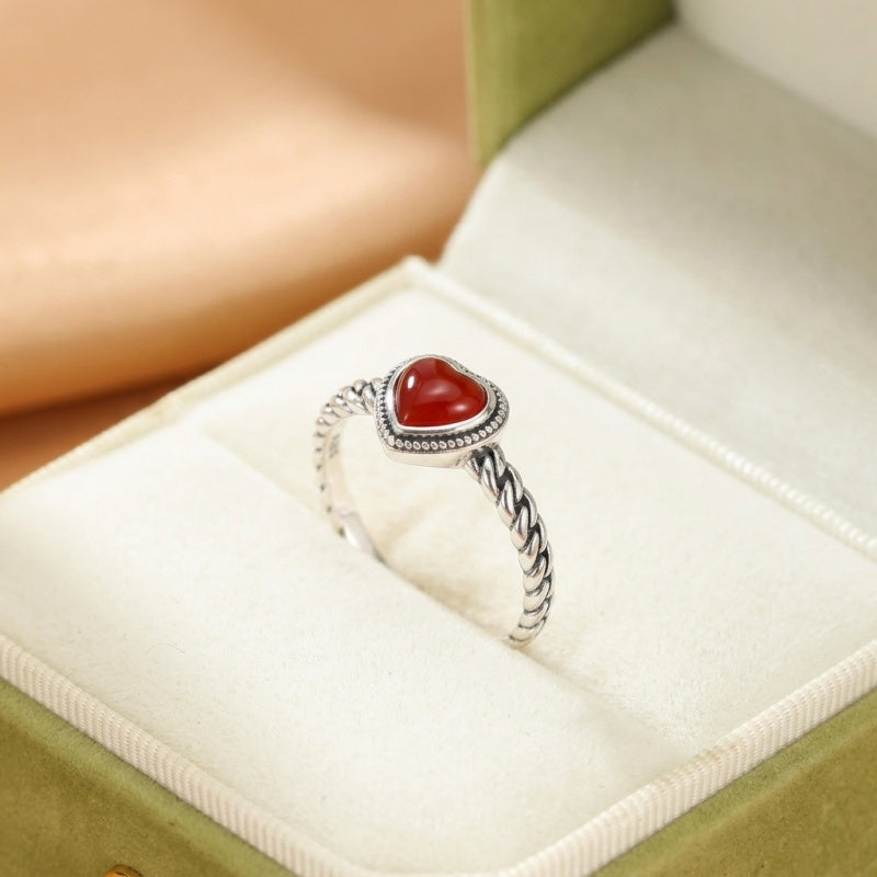 Bague Agate Rouge – Cœur Passion, Argent