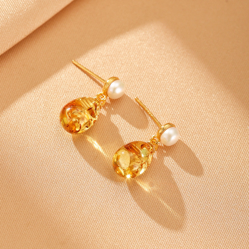 Boucles d'Oreilles Ambre et Perle – Rêve Ambré, Argent Plaqué Or