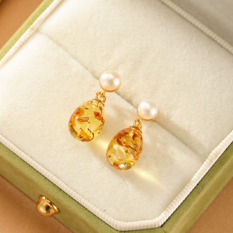Boucles d'Oreilles Ambre et Perle – Rêve Ambré, Argent Plaqué Or