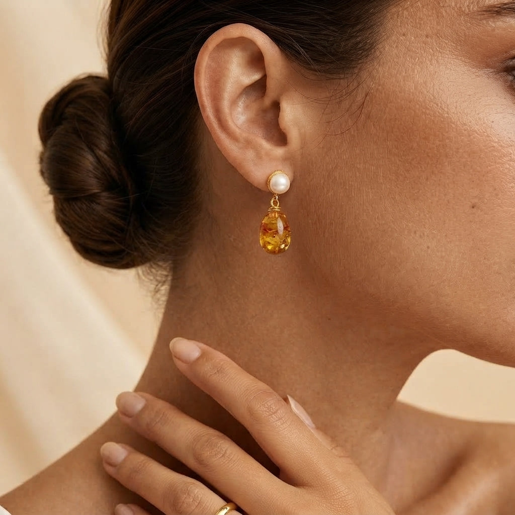 Boucles d'Oreilles Ambre et Perle – Rêve Ambré, Argent Plaqué Or