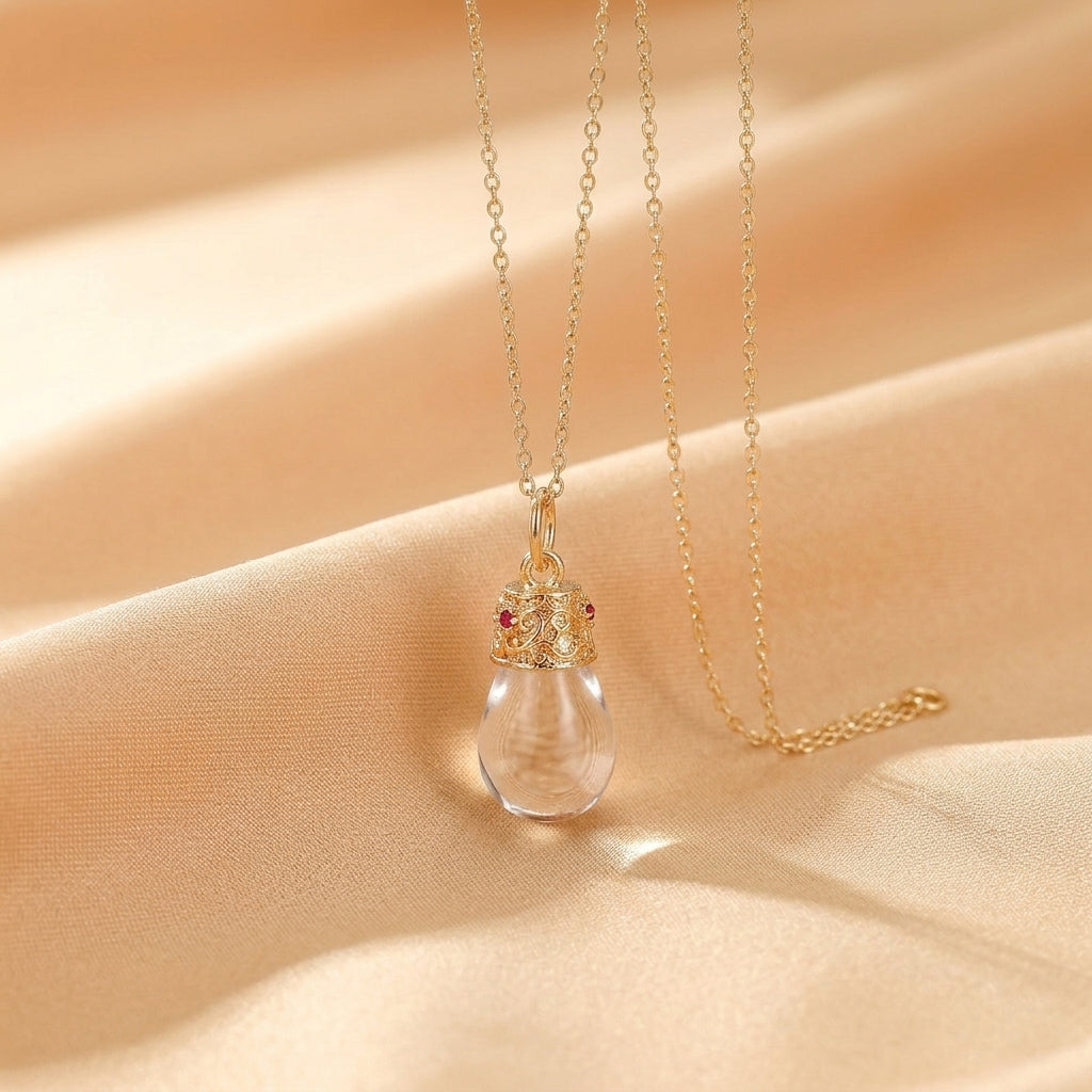 Collier Cristal de Roche et Rubis – Goutte de Lumière, Argent Plaqué Or 14K