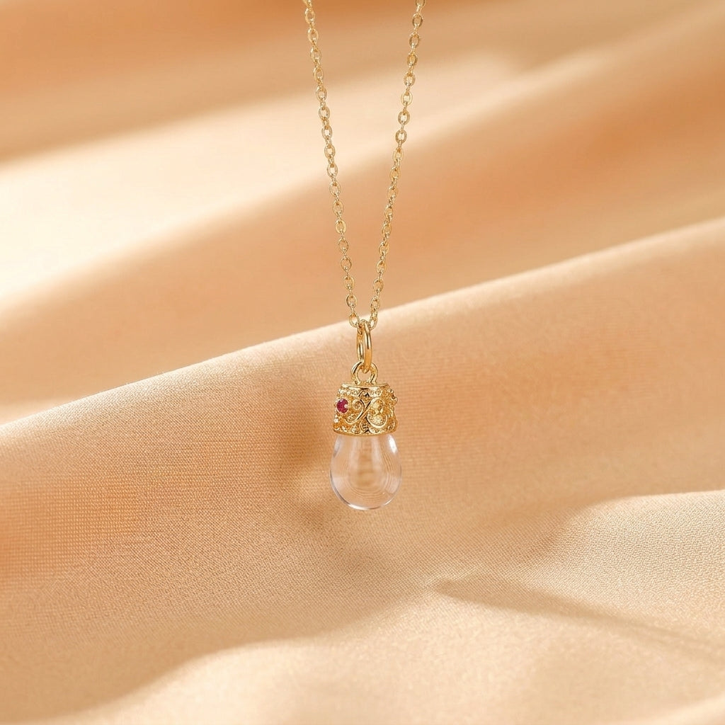 Collier Cristal de Roche et Rubis – Goutte de Lumière, Argent Plaqué Or 14K