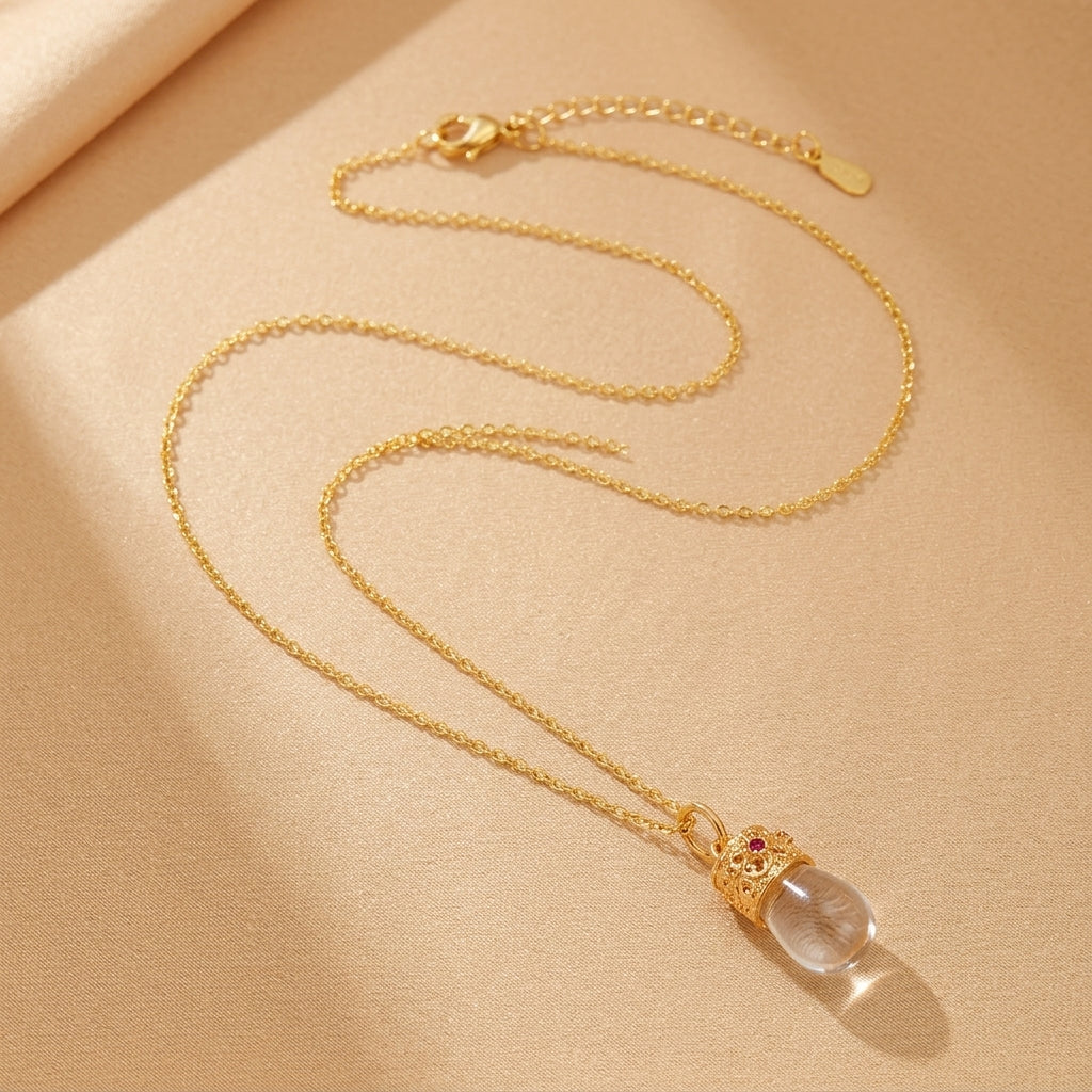 Collier Cristal de Roche et Rubis – Goutte de Lumière, Argent Plaqué Or 14K