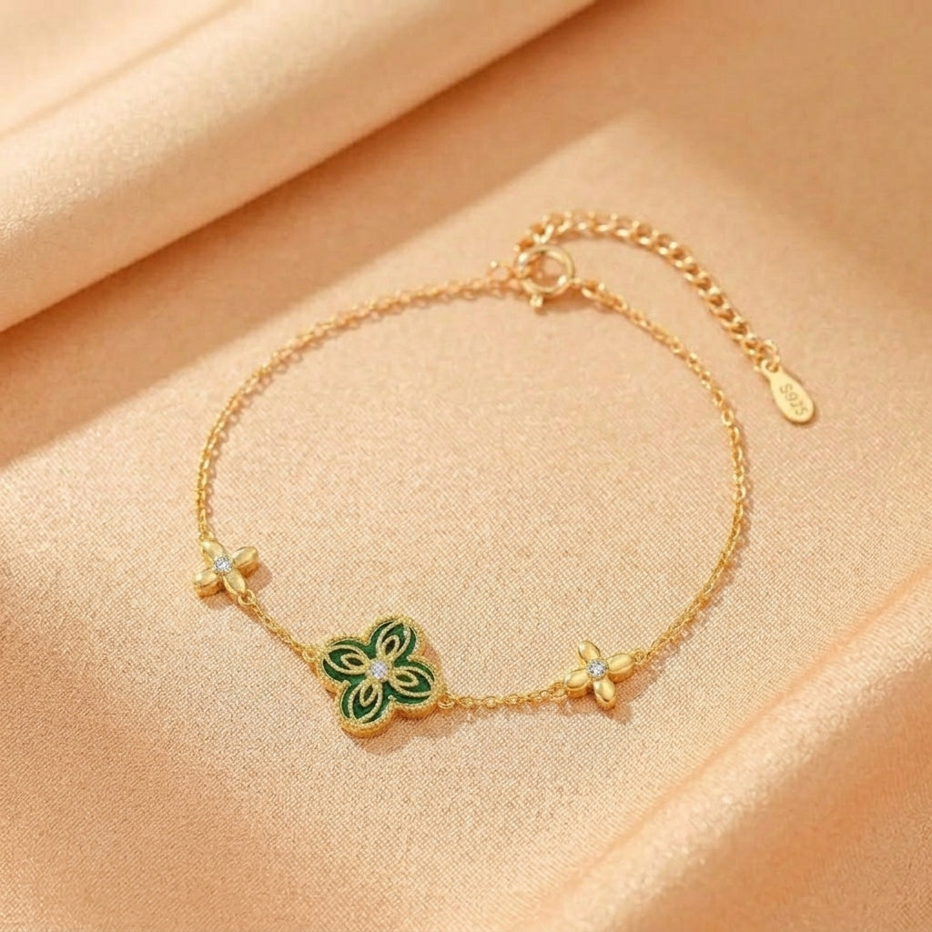 Bracelet Malachite – Trèfle Enchanté, Argent Plaqué Or