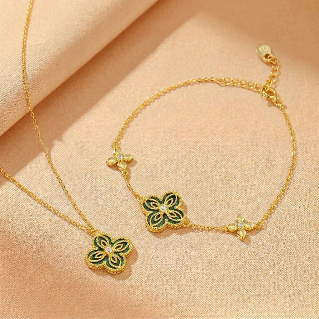 Collier Malachite – Trèfle Enchanté, Argent Plaqué Or