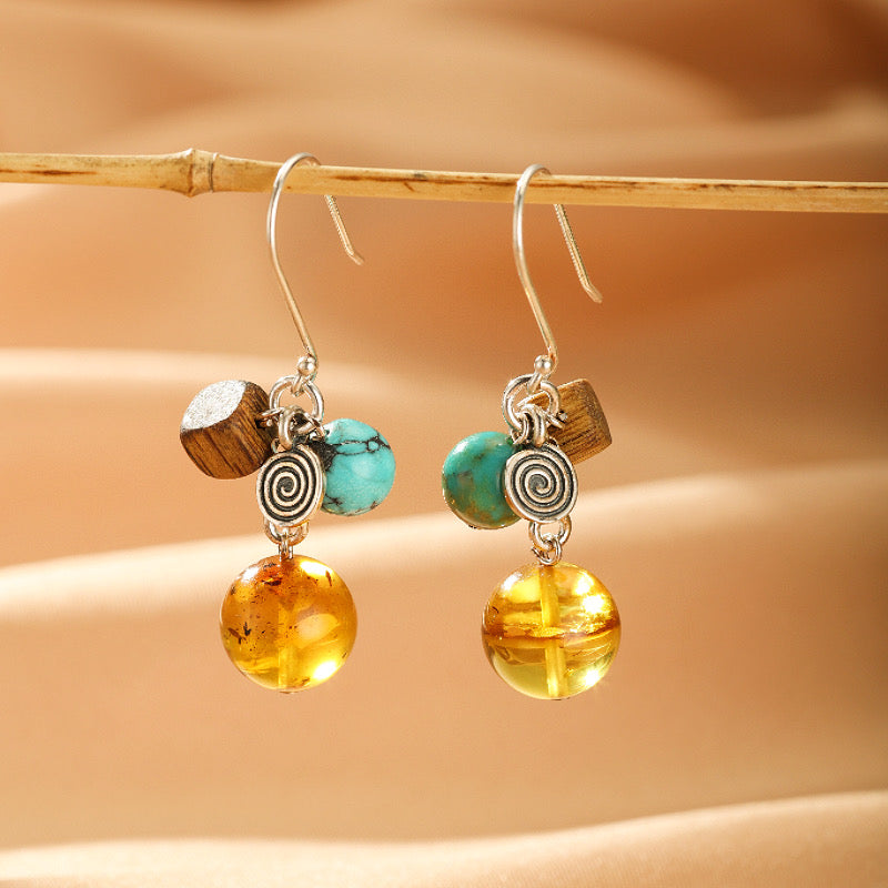Boucles d'Oreilles Ambre, Turquoise et Bois – Charme Terrestre, Argent