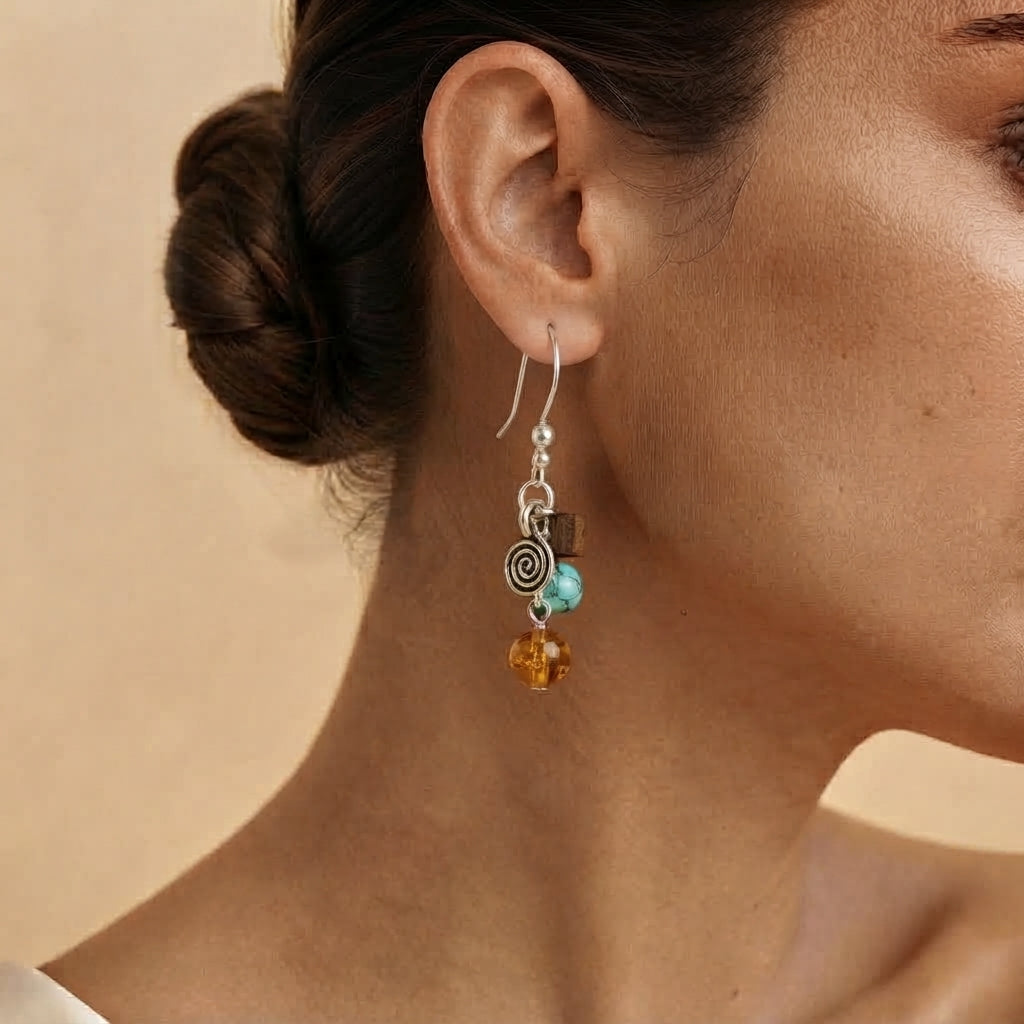 Boucles d'Oreilles Ambre, Turquoise et Bois – Charme Terrestre, Argent