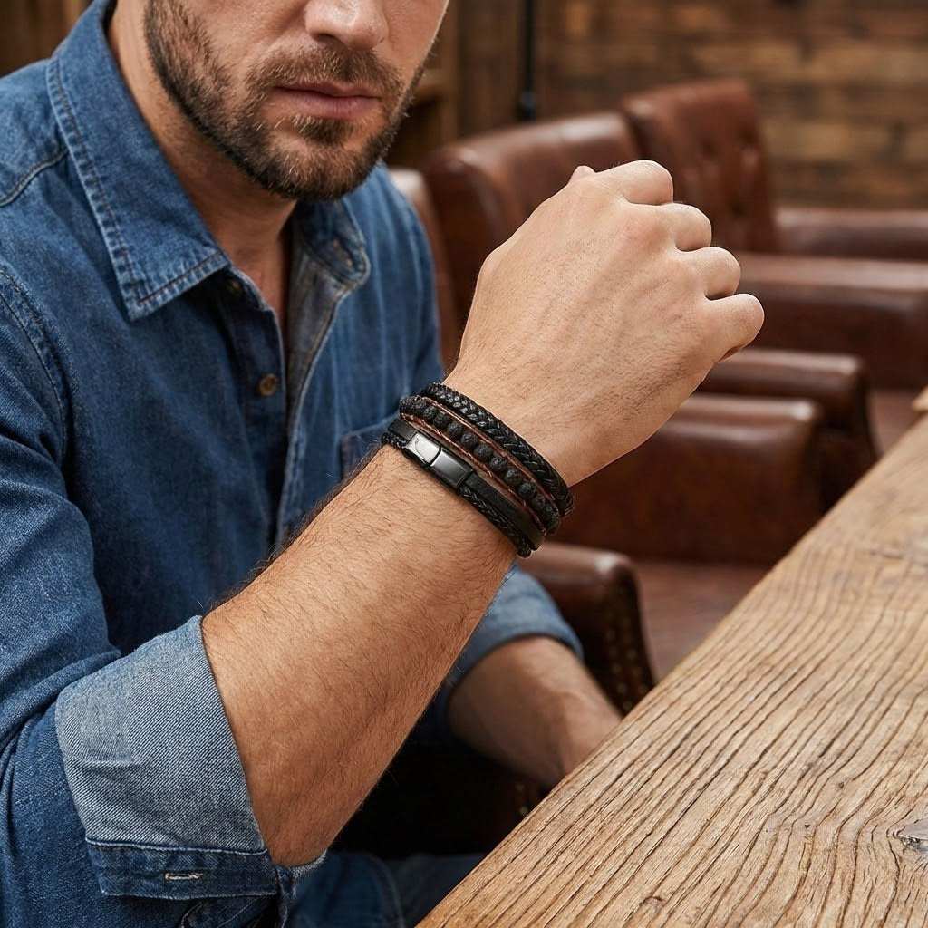 Bracelet Homme Cuir Pierre de Lave – Énergie Brute