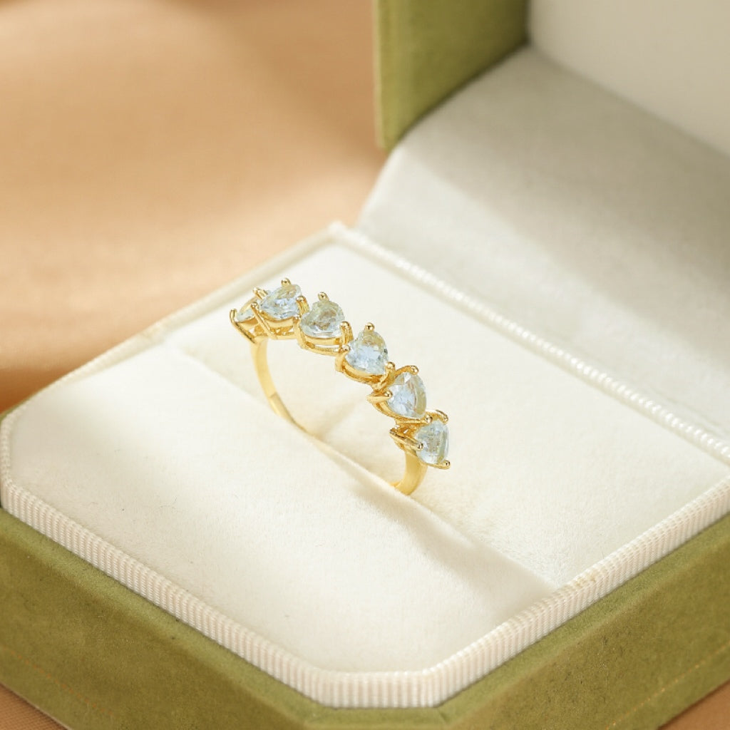 Bague Aigue marine – Cœurs Célestes, Argent Plaqué Or