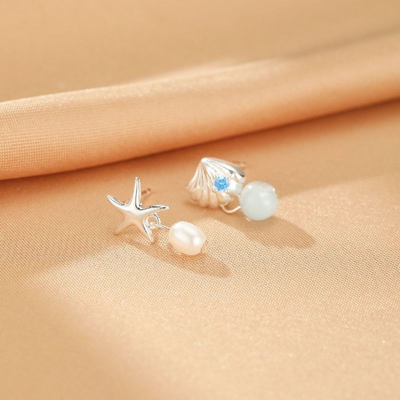 Aquamarine and Pearl Earrings – Ocean Star, Silver