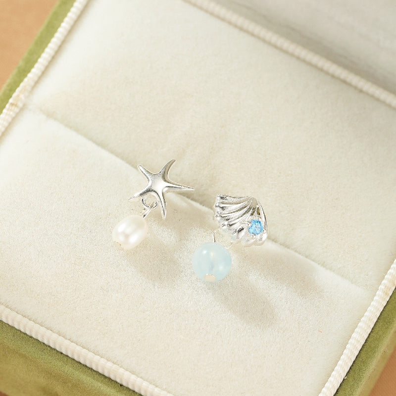 Aquamarine and Pearl Earrings – Ocean Star, Silver