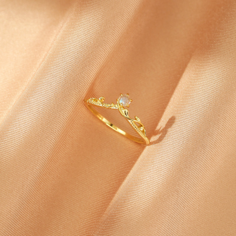 Bague Labradorite – Feuillage Enchanté, Argent Plaqué Or