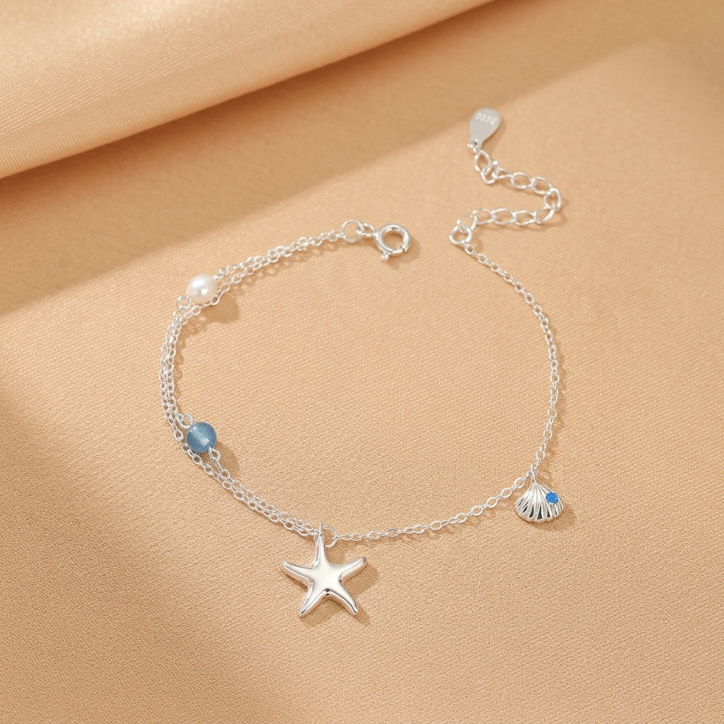 Bracelet Aigue-marine et Perle – Étoile des Mers, Argent S925