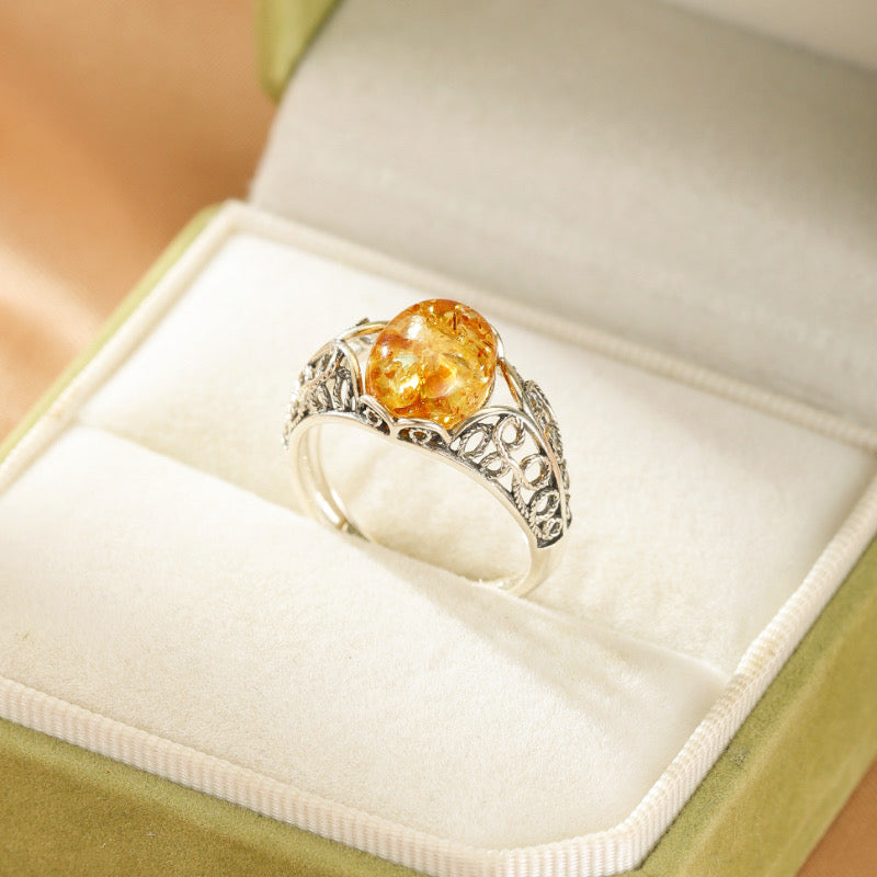 Bague Ambre – Étreinte Dorée, Argent